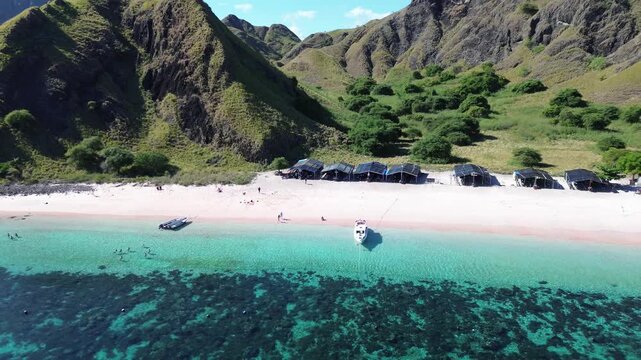Aerial 4K Drone Footage Pink Beach Padar Island Komodo Indonesia Rare Pink Sand