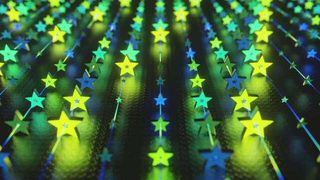 Futuristic abstract wall with glowing geometric stars. Seamless VJ loop of a rhythmic digital structure and pattern, creative motion background for electronic music festivals and stage displays.