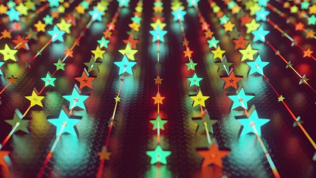 Futuristic abstract wall with glowing geometric stars. Seamless VJ loop of a rhythmic digital structure and pattern, creative motion background for electronic music festivals and stage displays.