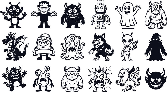 Black and white of cute cartoon animals and characters bear bird