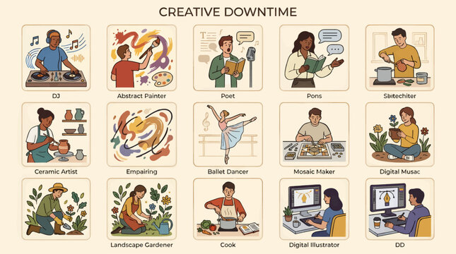 Flat Design Vector Illustration Set of People Enjoying Creative Hobbies and Downtime Activities, Including DJ, Painter, Poet, Dancer, Gardener, Cook, and Digital Artist, with Copy Space