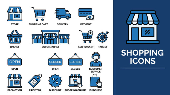 Collection of shopping and storefront icons for ecommerce and retail branding, featuring open/closed signs, carts, storefronts, promotions, and delivery graphics