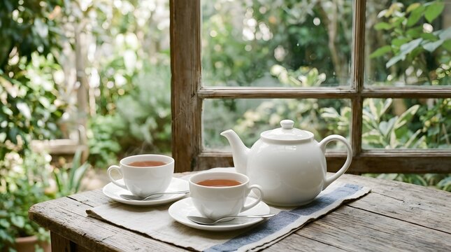 A realistic and atmosphere photo, no people, just clean white cups of tea and white teapo