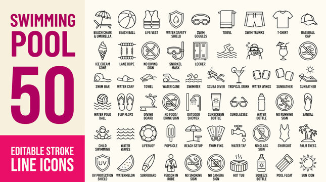 Swimming Pool icon set. Editable line icons. Vector illustration.