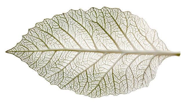 Intricate leaf vein pattern on a translucent leaf against white background