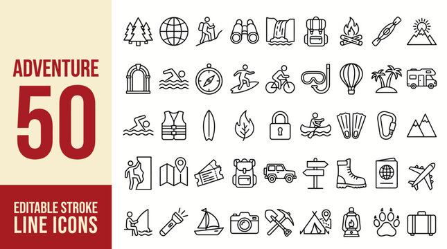 Adventure icon set. Editable line icons. Vector illustration.