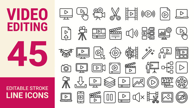 Video editing icon set. Editable line icons. Vector illustration.