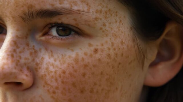 freckled skin observed in a close-up perspective of human skin with neutral mood and natural beauty and health context on a beige background with brown tones and pink.