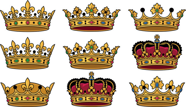 Golden Royal Crown Vector Illustration Set with Luxury King Queen Imperial Diadem and Tiara Icons Decorated with Jewels and Diamonds