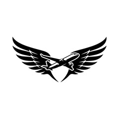 Obraz premium Airplane, wing, black, vector icon, aviation symbol, flight logo, travel emblem isolated on White Background