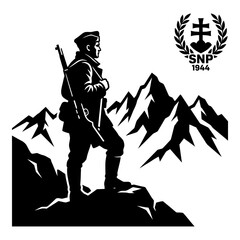 Naklejka premium Vintage military soldier, mountain landscape, SNP 1944 emblem, black silhouette vector isolated on White Background