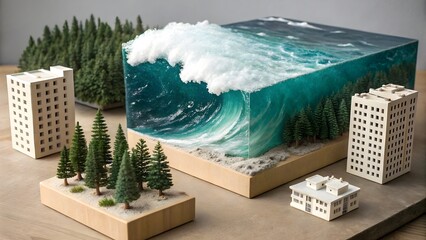 Miniature diorama featuring a giant ocean wave crashing over a small forest and buildings