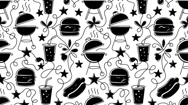 Seamless pattern with barbecue elements, grill, burger, hot dog, drink