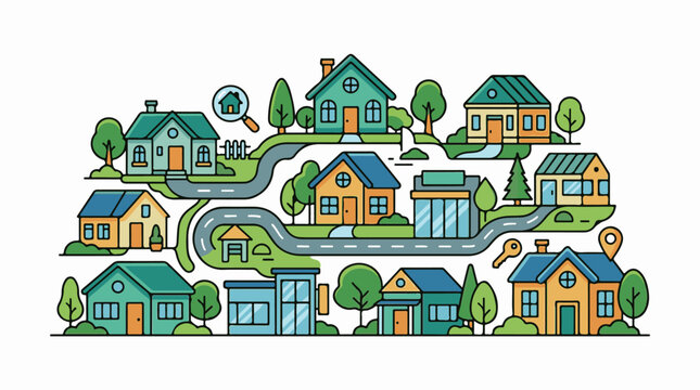 An illustrated map of a suburban neighborhood with colorful houses