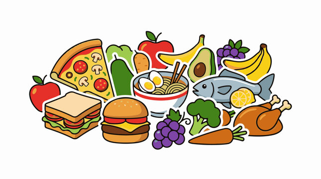 Assortment of cartoon food items arranged in a cluster
