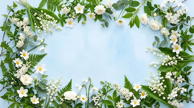 White spring flowers and green leaves creating a floral border an elegant light blue background