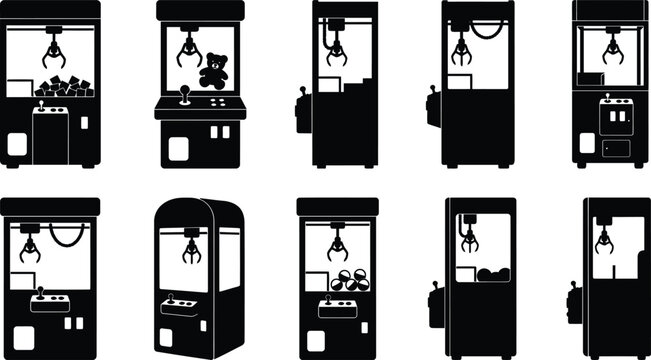 Claw machine silhouettes set on transparent background, arcade game vector collection.