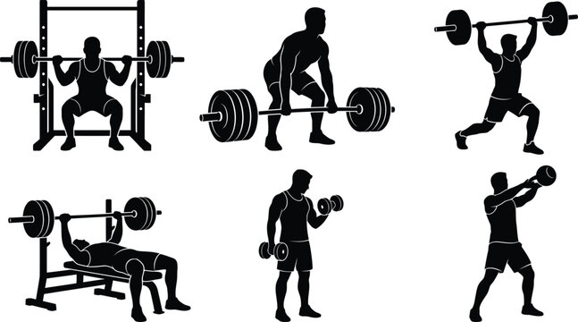 Weightlifting men silhouettes vector illustration set.
