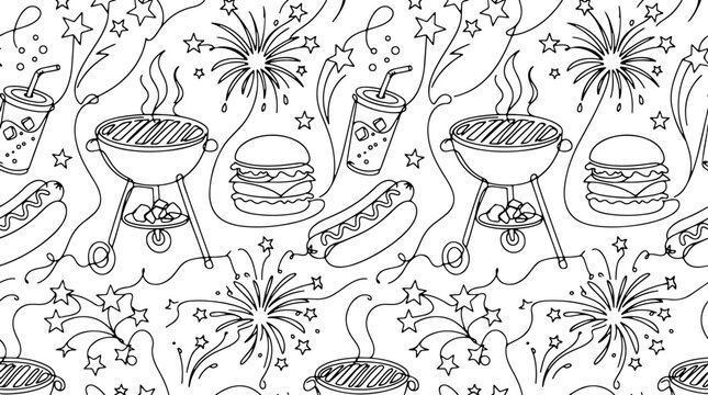 Seamless pattern with barbecue grill, hot dog, burger, and fireworks