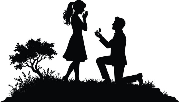 Man proposes marriage to woman with engagement ring.