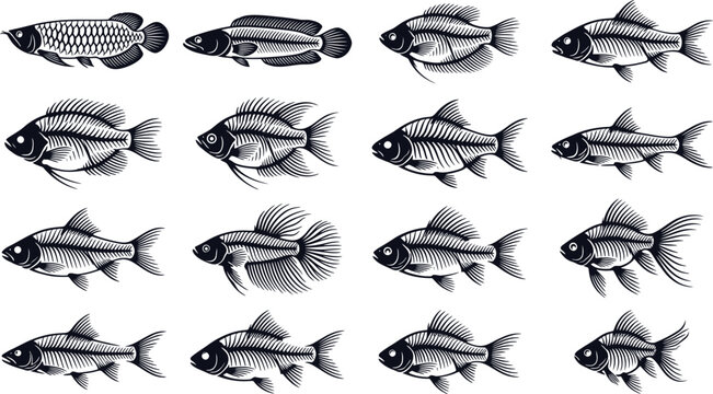 Black and white of various fish species, ichthyology collection marine