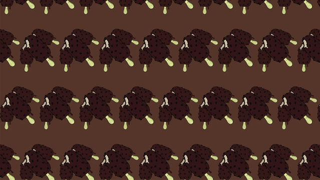 Abstract brown background repeating chocolate ice cream bars on sticks horizontal rows uniform pattern contrast sweet dessert vector illustration