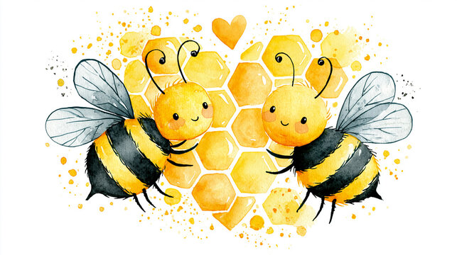 Two cute bees facing each other with honeycomb hexagons and a heart in the background, painted in a cheerful watercolor style.