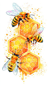 Three bees gather on bright honeycomb cells dripping with golden honey in a vibrant watercolor style.