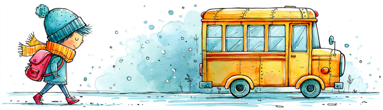 A child wearing winter clothes waits at a bus stop for a yellow school bus on a snowy day.