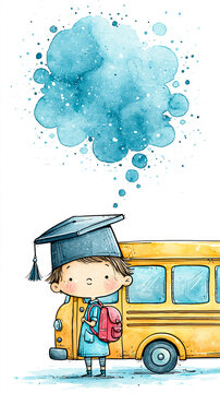 A young child wearing a graduation cap stands in front of a yellow school bus, with a large blue watercolor thought bubble above.