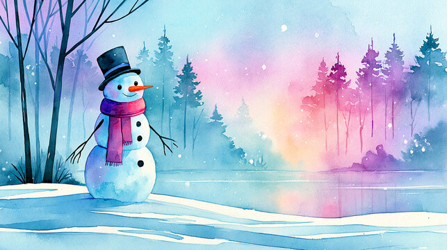 A cheerful snowman with a top hat and scarf stands in a snowy forest at dusk, surrounded by colorful pastel skies and tall trees.