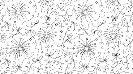 Fototapeta premium Seamless pattern with fireworks, stars, and ribbons
