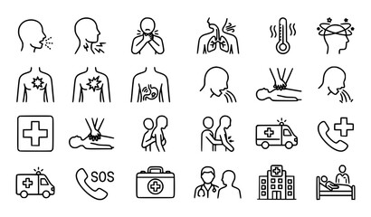 Obraz premium Medical emergency icons and symptoms illustrations
