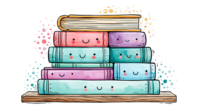 A colorful stack of smiling books sits on a wooden shelf, each with a cheerful face and blush, creating a playful and friendly atmosphere.