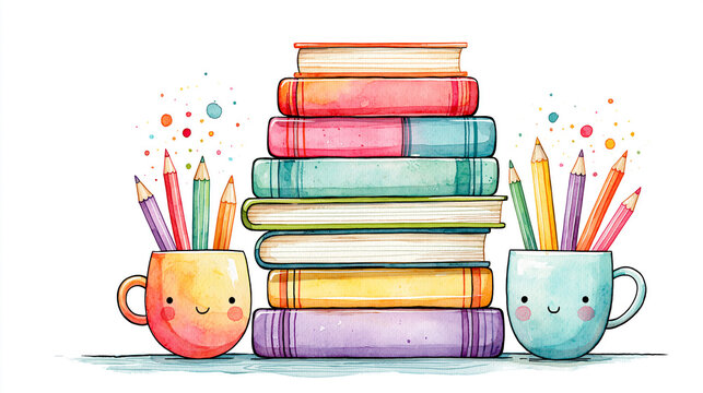 Cute illustration of colorful books stacked between two smiling mugs filled with pencils and markers, evoking a cheerful study or creative workspace vibe.