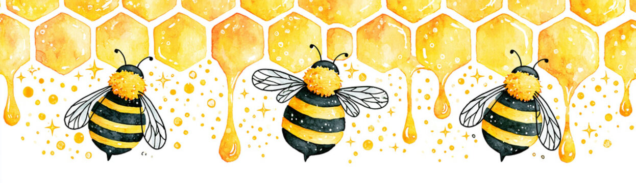 Three bees flying near honeycomb cells with honey dripping, illustrated in a bright, watercolor style.
