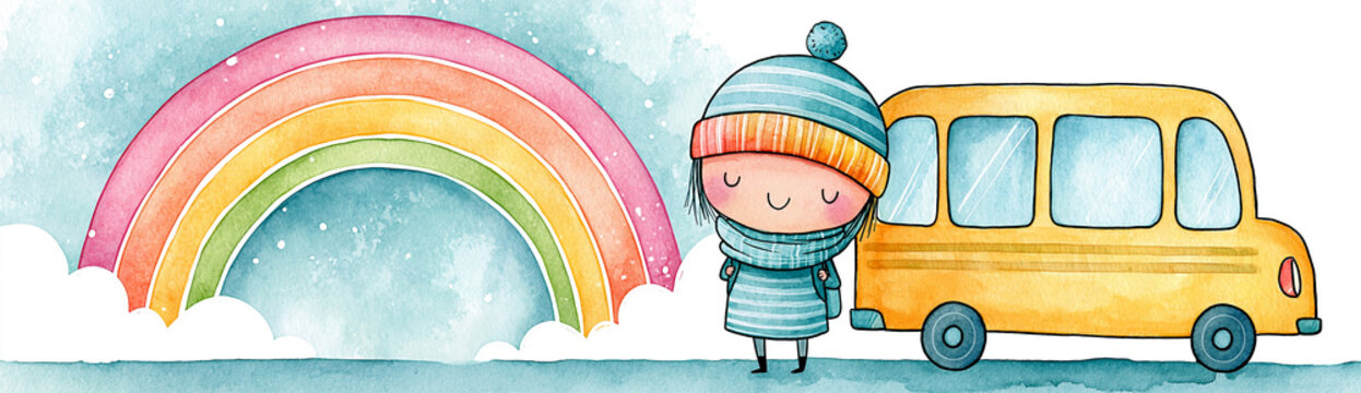 A cute illustration of a child in winter clothes standing beside a yellow bus with a vibrant rainbow and clouds in the background.