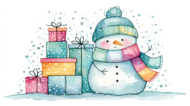 A cheerful snowman wearing a colorful scarf and hat stands next to a stack of wrapped presents in falling snow.