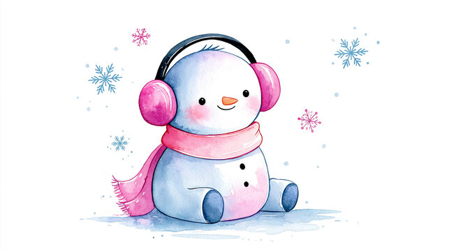 Cute watercolor snowman wearing pink earmuffs and a scarf, surrounded by delicate snowflakes on a white background.