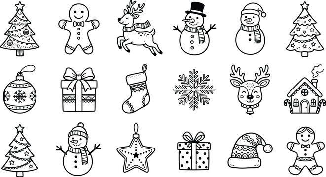 Christmas Holiday Line Art Icon Set featuring Hand Drawn Gingerbread Man Snowman Cute Reindeer Christmas Tree Gift Box and Winter OrnamentsChristmas Holiday Line Art Icon Set featuring Hand Drawn Ging