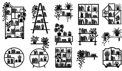 Black silhouette collection bookshelves with potted plants and botanical elements © Najma