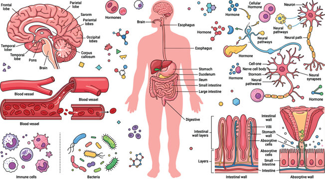 Human anatomy medical infographic elements set with body digestive system brain cells neurons and blood vessels vector illustration