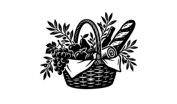 Vintage picnic basket with bread fruit and foliage engraving