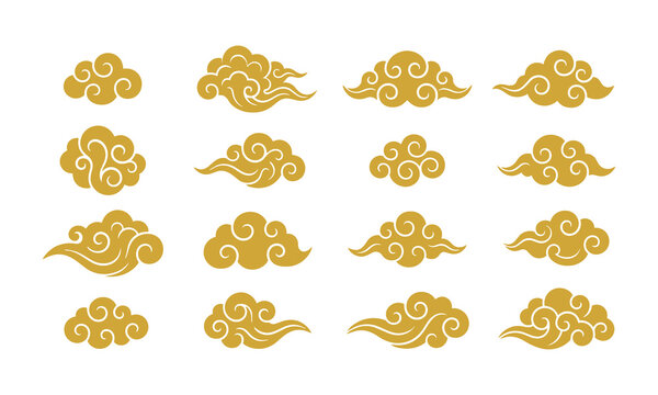 Set of 16 golden oriental cloud ornaments in traditional Chinese and Japanese style. Also called auspicious clouds or Xiangyun. 