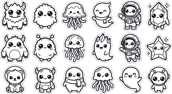 Of cute alien characters in different poses and expressions funny smile