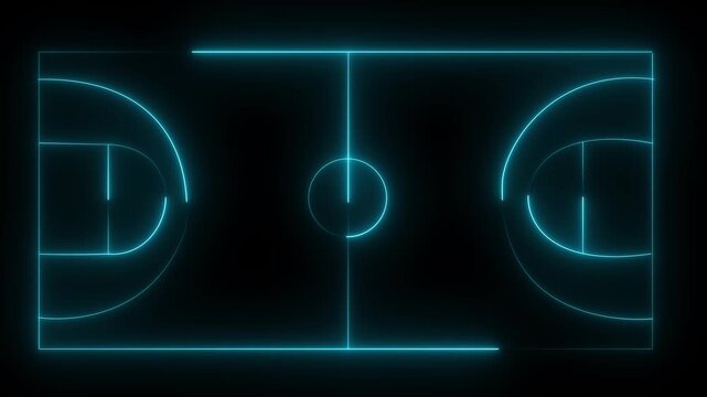 Neon basketball court blueprint animation: glowing blue digital sports arena overlay on black background
