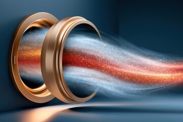 Fototapeta premium Futuristic vault door opening with glowing glittering streams of light flowing from a portal