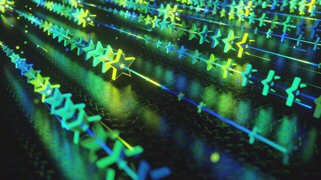 Futuristic abstract wall with glowing geometric stars. Seamless VJ loop of a rhythmic digital structure and pattern, creative motion background for electronic music festivals and stage displays.