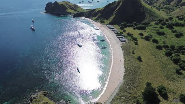 Aerial 4K Drone Footage Pink Beach Padar Island Komodo Indonesia Rare Pink Sand