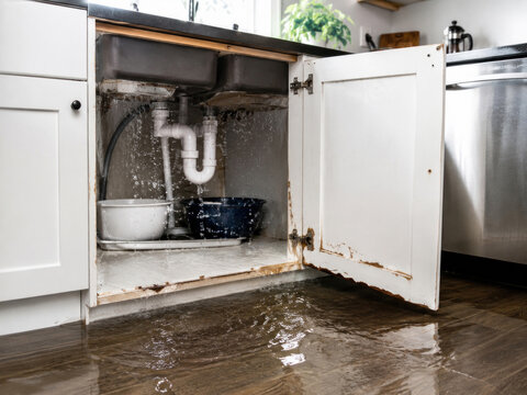 Burst Pipe Under Kitchen Sink Causing Home Flood and Water Damage